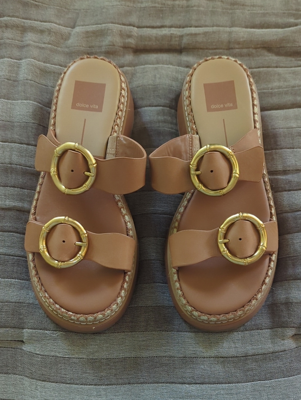 Dolce Vita Tan Leather Slide Sandals with Gold Rings